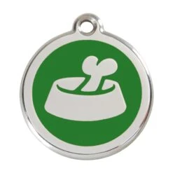 Red Dingo Stainless Steel Engraved Dog Tag Bone In Bowl Green