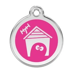 Red Dingo Stainless Steel Engraved Dog Tag Dog House Hot Pink