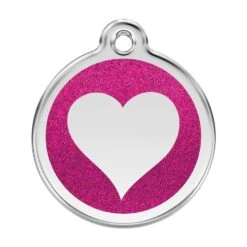 Red Dingo Glitter Engraved Dog Tag Heart Hot Pink