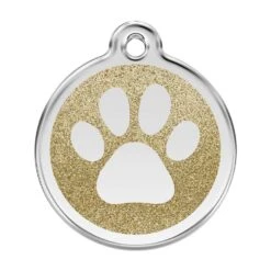 Red Dingo Glitter Engraved Dog Tag Paw Print Gold