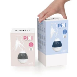 Catit Pixi Spinner Electronic Cat Toy White & Grey -PetJoy Shop 43145 43146 catit pixi spinner packaging blue and silver 28129