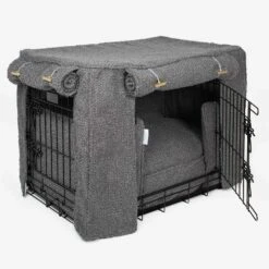 Lords & Labradors Dog Crate Set In Granite Boucle -PetJoy Shop lords and labradors granite boucle crate set black crate side studio
