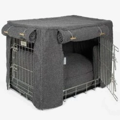 Lords & Labradors Dog Crate Set In Granite Boucle -PetJoy Shop lords and labradors granite boucle crate set side silver crate studio