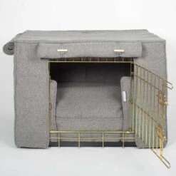 Lords & Labradors Dog Crate Set In Pewter Herringbone -PetJoy Shop lords and labradors pewter herrigbone tweed crate set gold crate studio